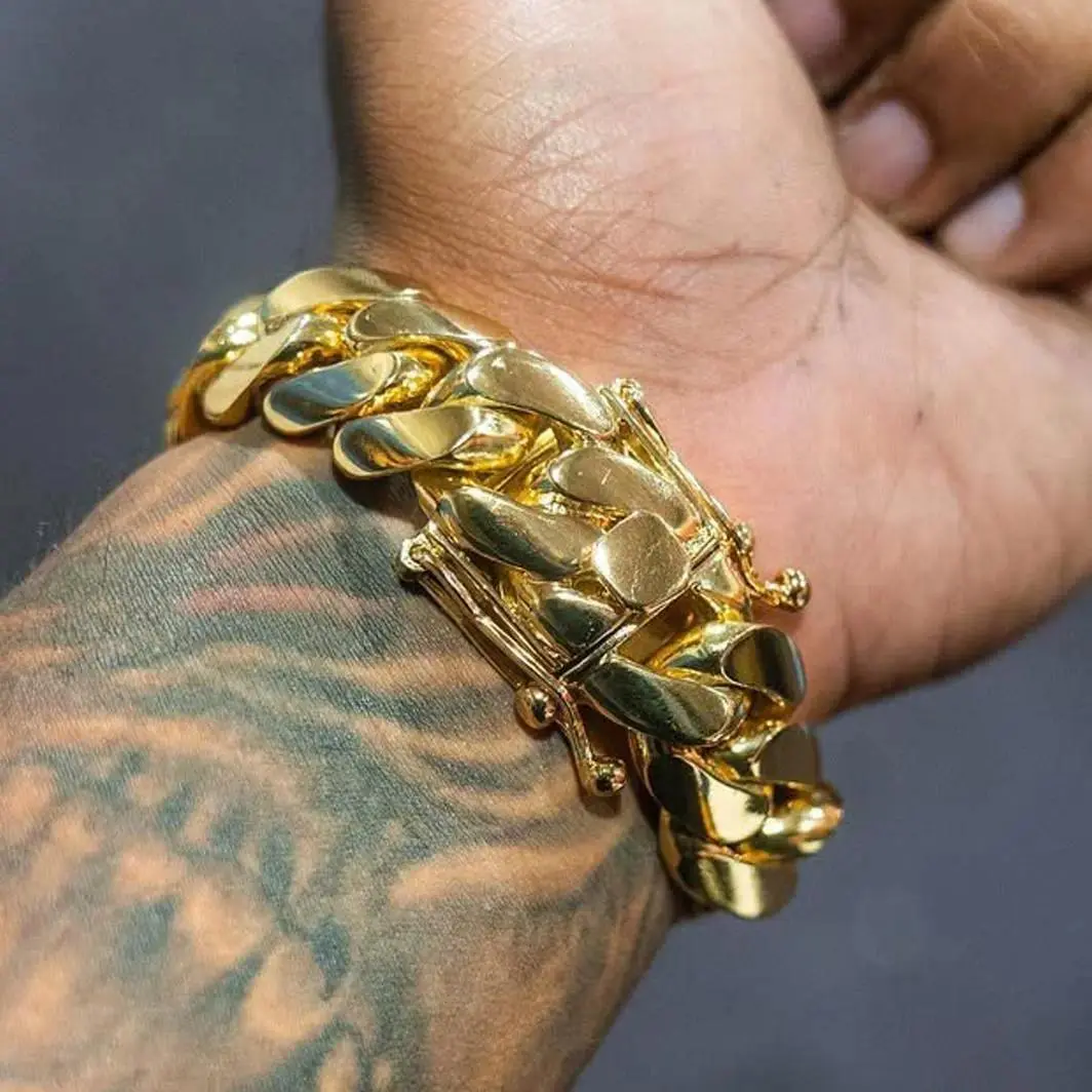 14K/18K Gold Vacuum Plated Stainless Steel Chain & Copper Deployment Clasp Miami Cuban Link Chain Italy Mexico & Micro Inspired Unisex Hip Hop 22mm Bracelet for Men & Women Jewelry,Daily Wear,Casual Fashion,Gift Idea,Chicano Style,Weighty Feel,Stackable