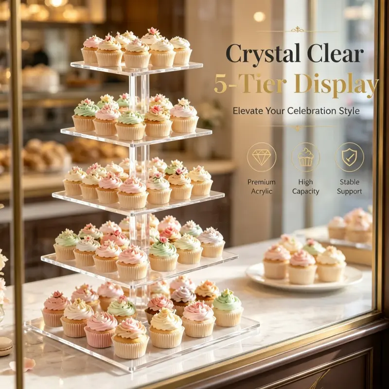 Premium Clear Acrylic 5 Tier Cupcake Stand Square Tiered Dessert Display Riser Stable Base Multi Layer Pastry Treat Holder For Celebration Dessert Table