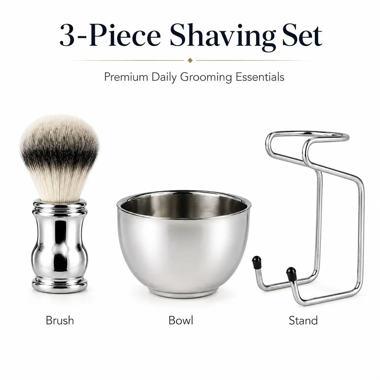 3-Piece Shaving Brush Set with Stainless Steel Bowl & Stand, Durable Wet Shave Kit with Soft Dense Bristles for Rich Silky Creamy Lather, Easy to Clean