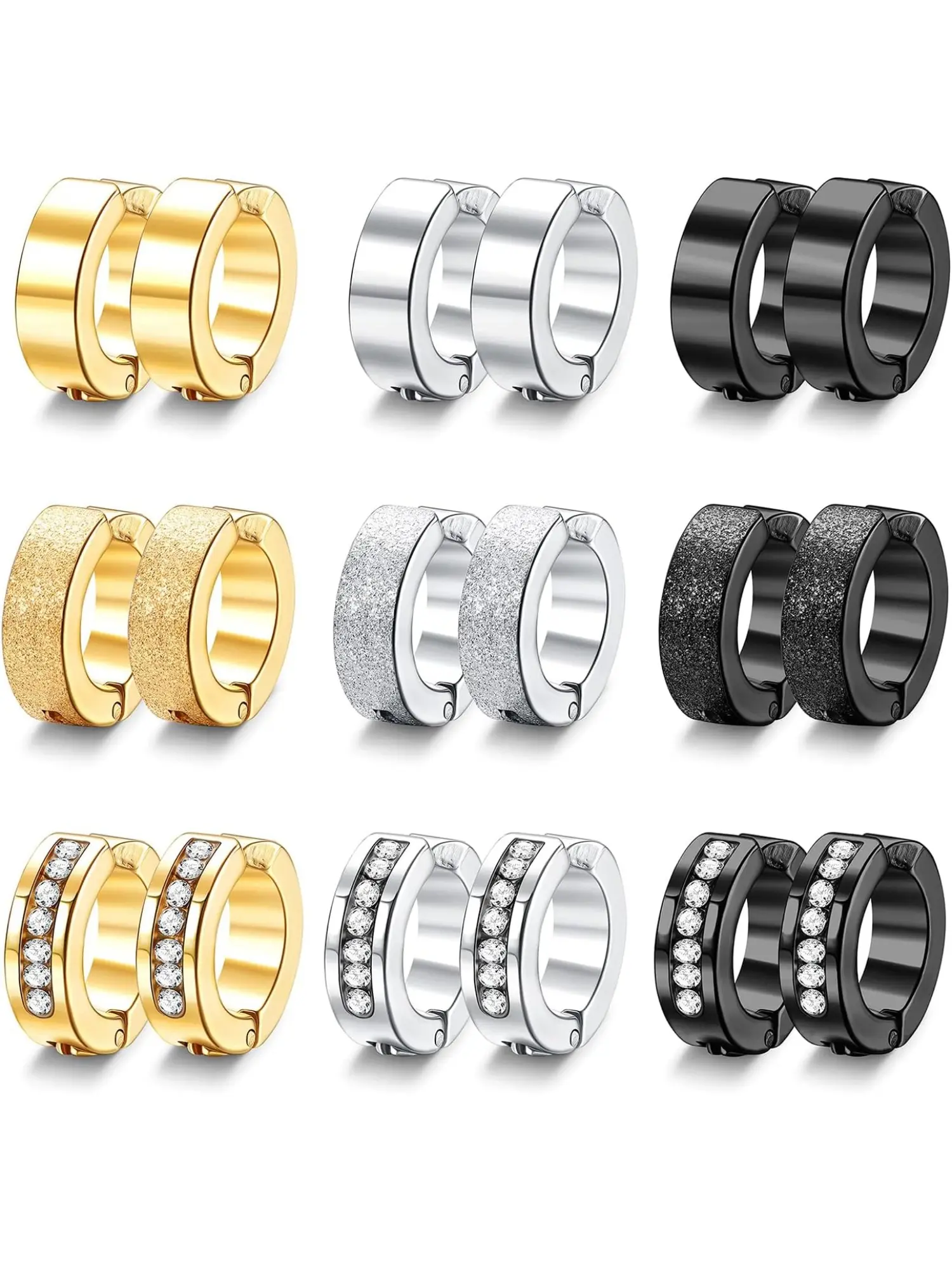 9 Pairs Clip On Hoop Earrings Non-Piercing Earrings Stainless Steel For Men Women Paved CZ Ear Clip