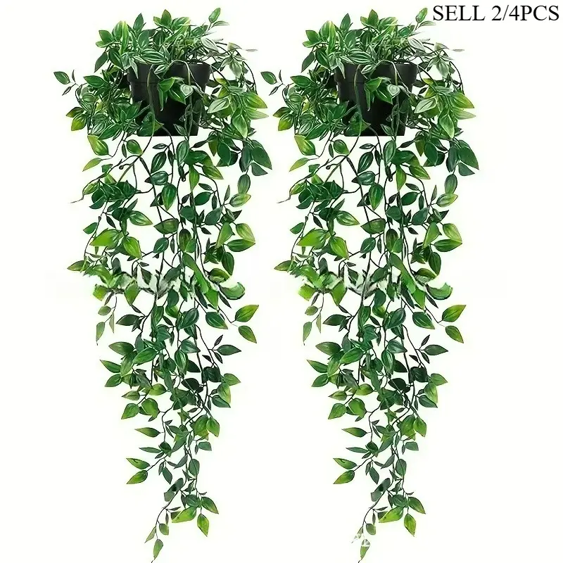 2/4PCS Artificial Hanging Vine Plants in Pots, 2-Count Faux Plants with Black Pots Potted Plant for Home & Office Decor, Decoration, Decorative Greenery for Indoor & Outdoor Garden Shelves