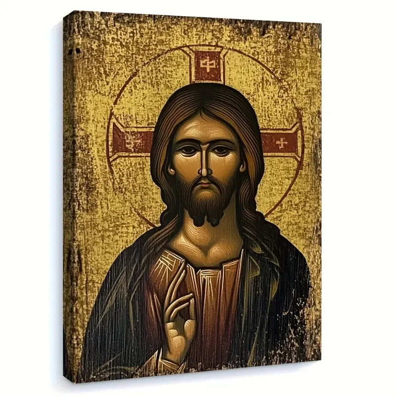 1 piece of Byzantine-style Jesus Christ image - Greek Orthodox religious wall art, gold background with cross pattern, 11.8x 15.7inch framed canvas print, suitable for living room, bedroom, home office decoration, sacred art piece, handmade appearance, ch