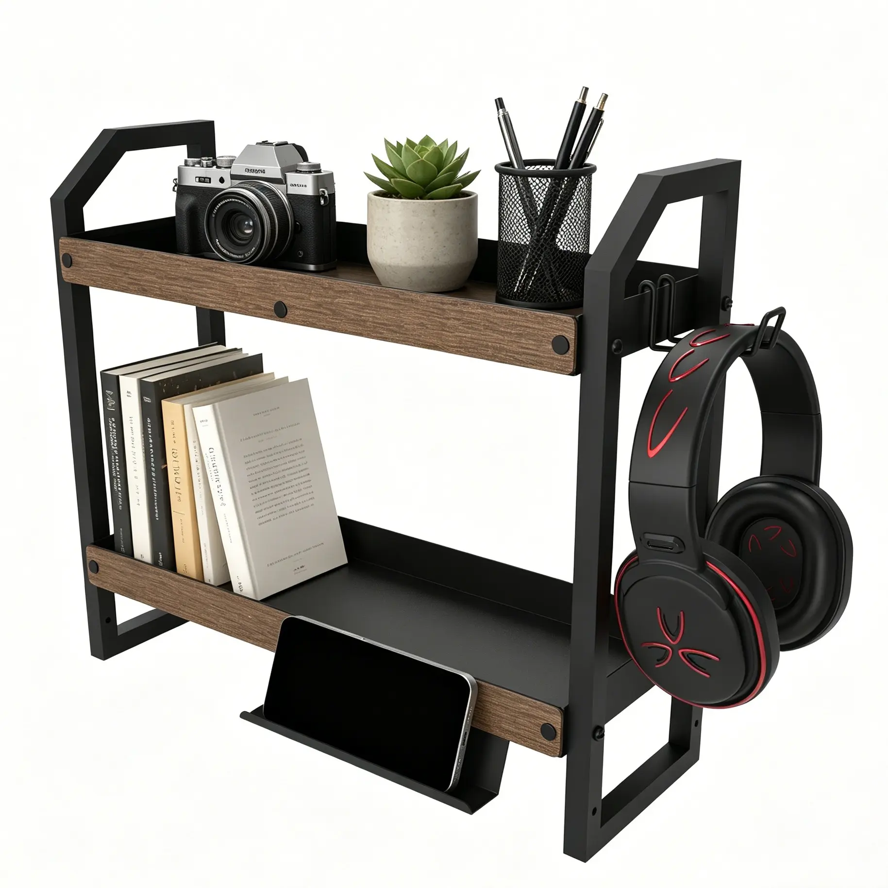 Two-Tier Desktop Organizer Rack with Earphone Hook and Phone Stand, Space-Saving Storage Solution for Home Office, Durable Design