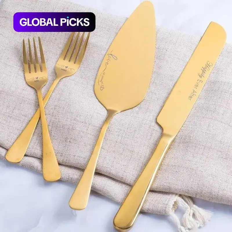 4-Piece Stainless Steel Wedding Cake Cutting Knife Set, Mr & Mrs Engraved Dessert Fork, Bridal Shower Gift, Couple Memorial Gift, Utensils #GLOBAL PICKS