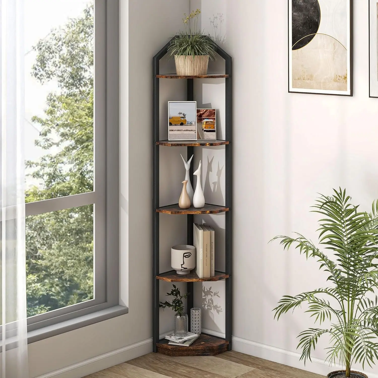 5 Tier Corner Shelf, 70” Corner Shelf Stand, Corner Bookshelf Plant Stand, Storage Shelf for Bathroom, Living Room, Kitchen,Home Office, Brown