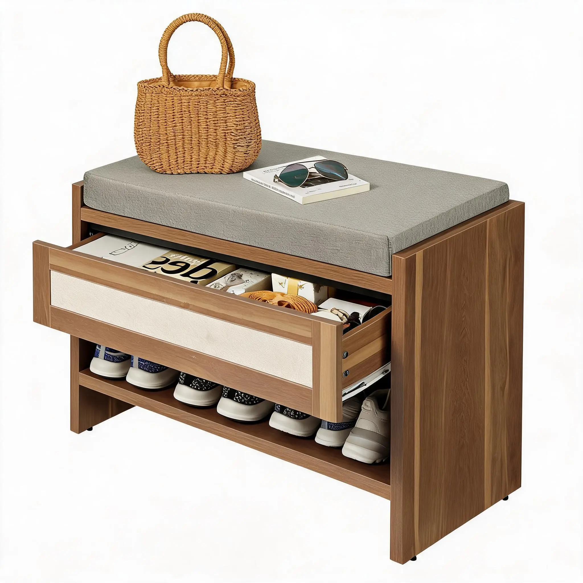 Wooden Farmhouse Entryway Bench, 32" Shoe Bench with Storage Drawer, Linen Cushion & Open Shelf, Multi-Use Organizer for Hallway, Bedroom, Living Room