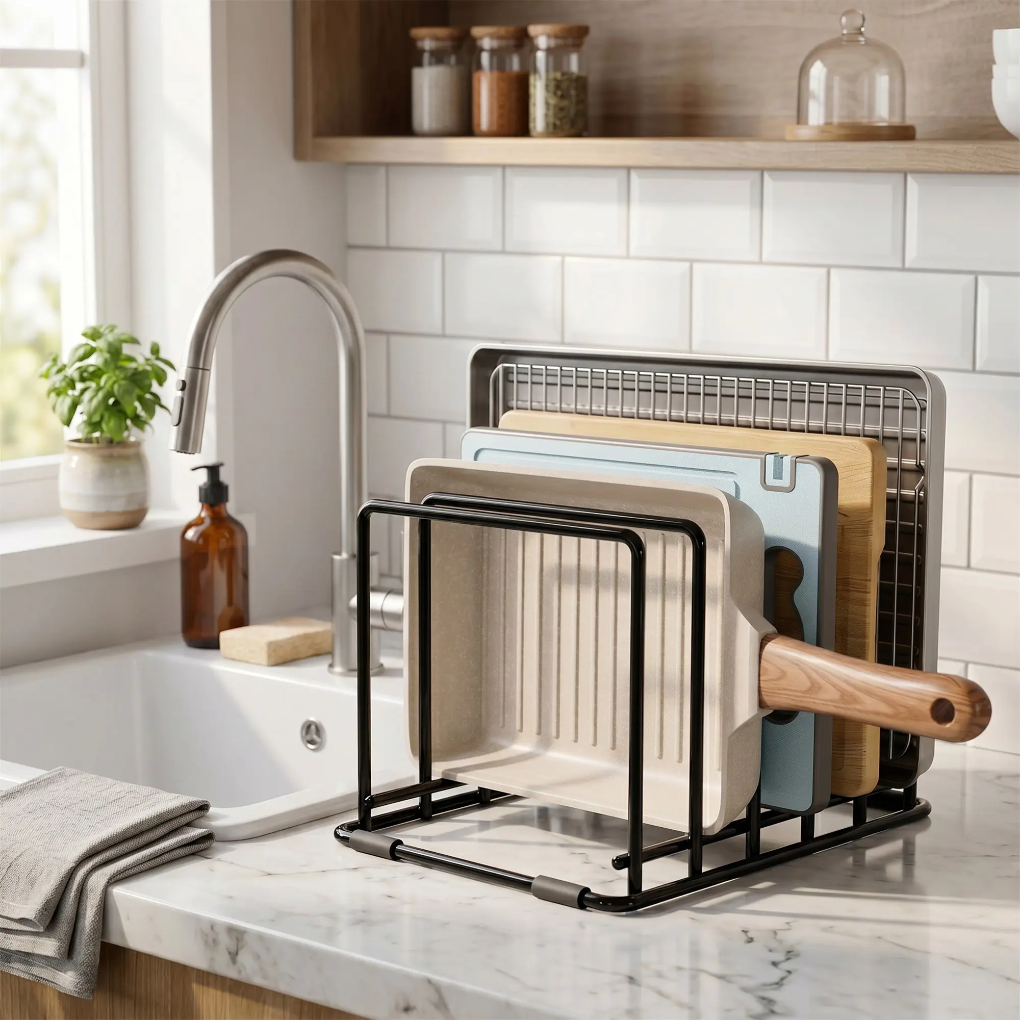 5-Tier Stainless Steel Kitchen Pan Rack & Utensil Organizer—featuring a space-saving vertical design suitable for thin pans, baking sheets, and cutting boards. With its durable, rust-resistant construction and sturdy build Kitchenware