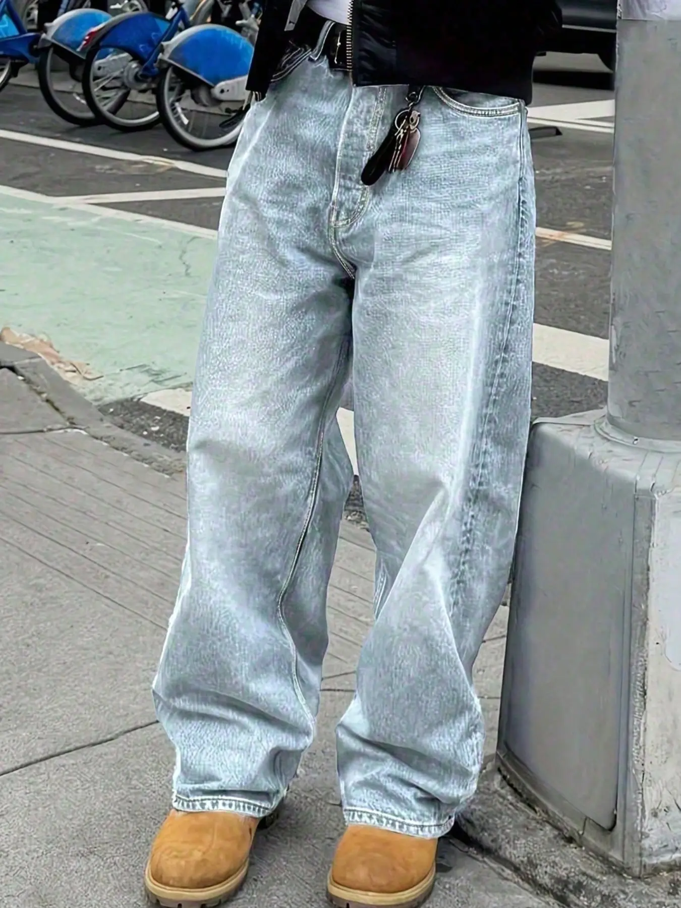 Men's Light Blue Gradient Bleached Wide Leg Jeans, Oversize Loose-Fit Casual Pants, Long Drop Hem, All Seasons Fashion