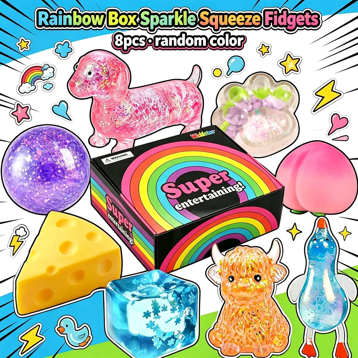8 Pack Sparkly Glitter Squeeze Stress Relief Toy Box,Mixed Animal Fruit Jelly Transparent Squishy Fidget Set,Soft Stretchable Sensory Pinch Toys to Relieve Anxiety & Release Daily Tension, Surprise Decompression Gift Box for Kids, Teens and Office Workers