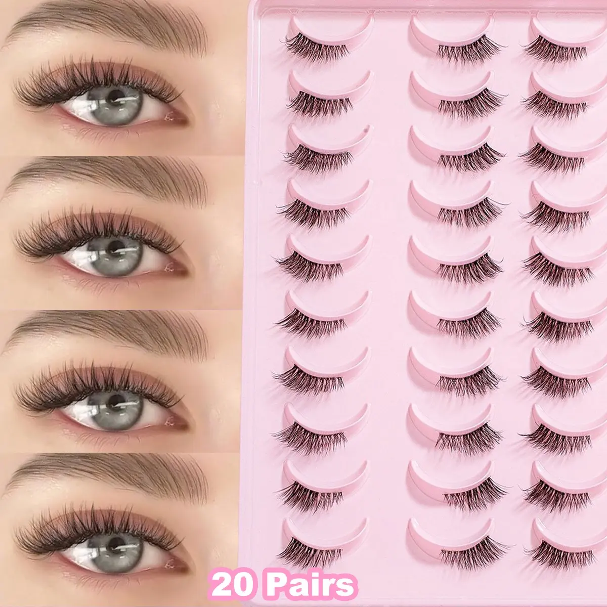 Half Eye Lashes, 20 Pairs, Transparent Stem Crossed Lashes, DD Curve, Long-Lasting Volume Effect, 12mm False Eyelashes