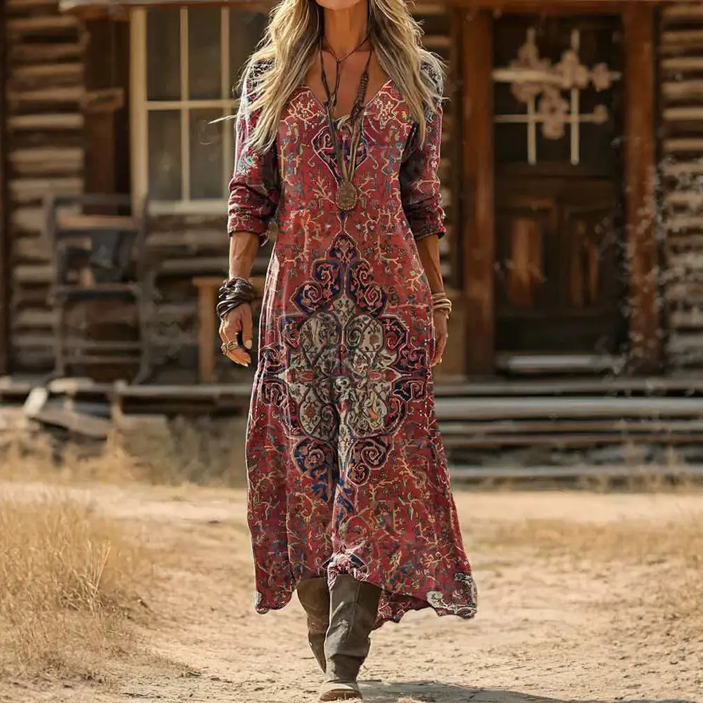 Women's 2026 New Paisley Bohemian Print V-Neck Long-Sleeve Sports Dress - Loose Cut, All-Seasons, Large Sizes Ethnic Style Vacation Wear, Maxi Tunic, Paisley Motif
