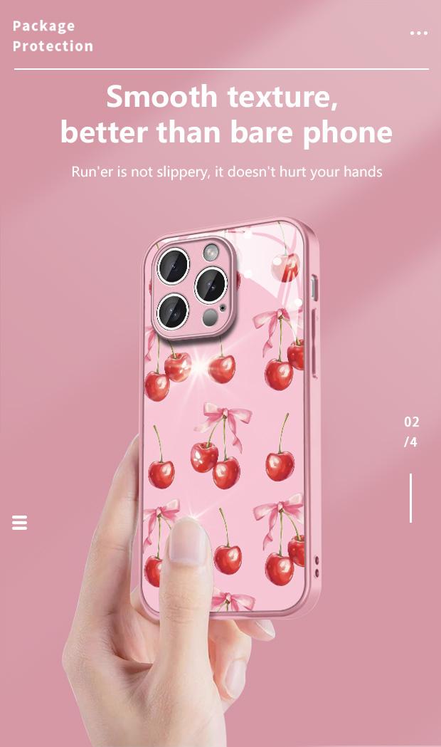 Pink Bow & Cherry Pattern Tempered Glass Case for iPhone 13/14/15/16 Pro/17 Pro Max Exquisite Design Drop-Resistant Scratch-Proof Protection Full Camera Lens Coverage Pink Bow & Cherry Pattern Tempered Glass Case for iPhone 13/14/15/16 Pro/17 Pro Max Exquisite Design Drop-Resistant Scratch-Proof Protection Full Camera Lens Coverage