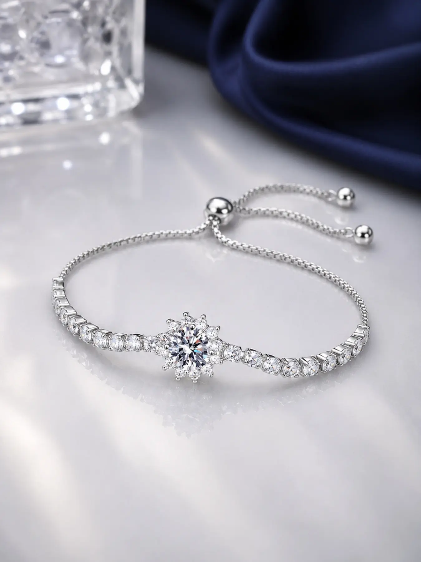 Silver Tone Adjustable Tennis Bracelet with Sparkling Clear Stone Floral Halo Center, Elegant Bolo Slider Bracelet for Women and Teens, Bridal Wedding Prom Party Jewelry, Anniversary Birthday Gift for Wife, Girlfriend, Mom or Daughter