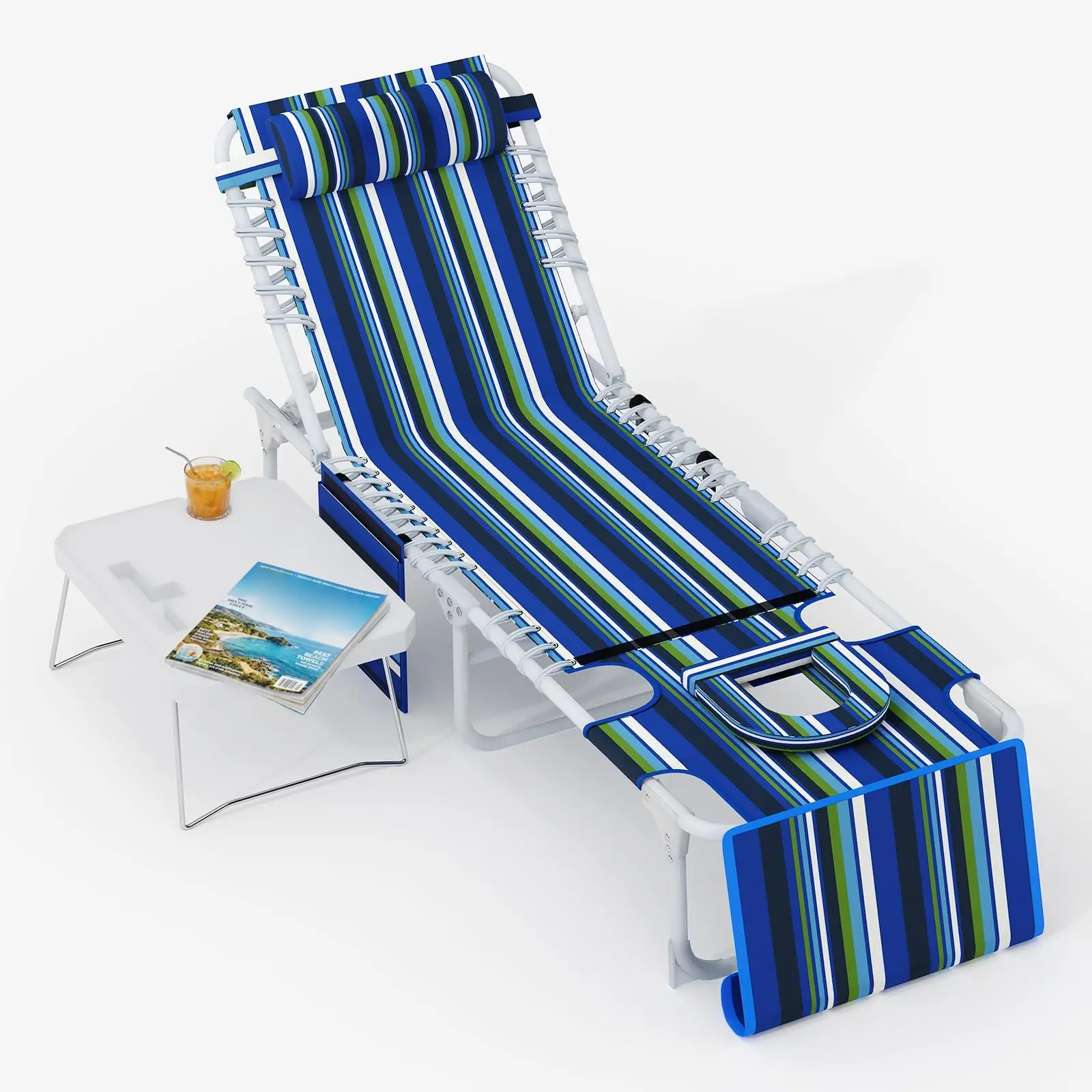 3-in-1 Heavy Duty Lay Flat Outdoor Tanning Chaise Lounge with Face Hole, 5 Adjustable Reclining Positions Sun Lounger Bench with Folding Side Table & Removable Pillow, 330lbs Max Capacity for Beach Pool Patio Garden Camping