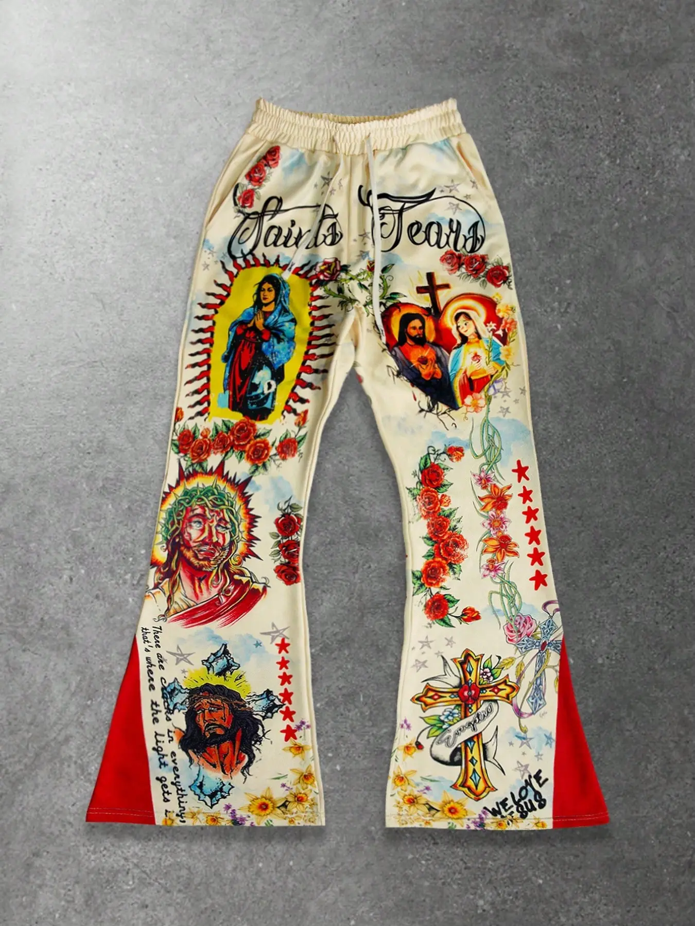 American Vintage Church Mary Jesus Print Micro Flare Pants, Rose Floral Graffiti Print, Elastic Drawstring Waist, Hem, Unisex Streetwear