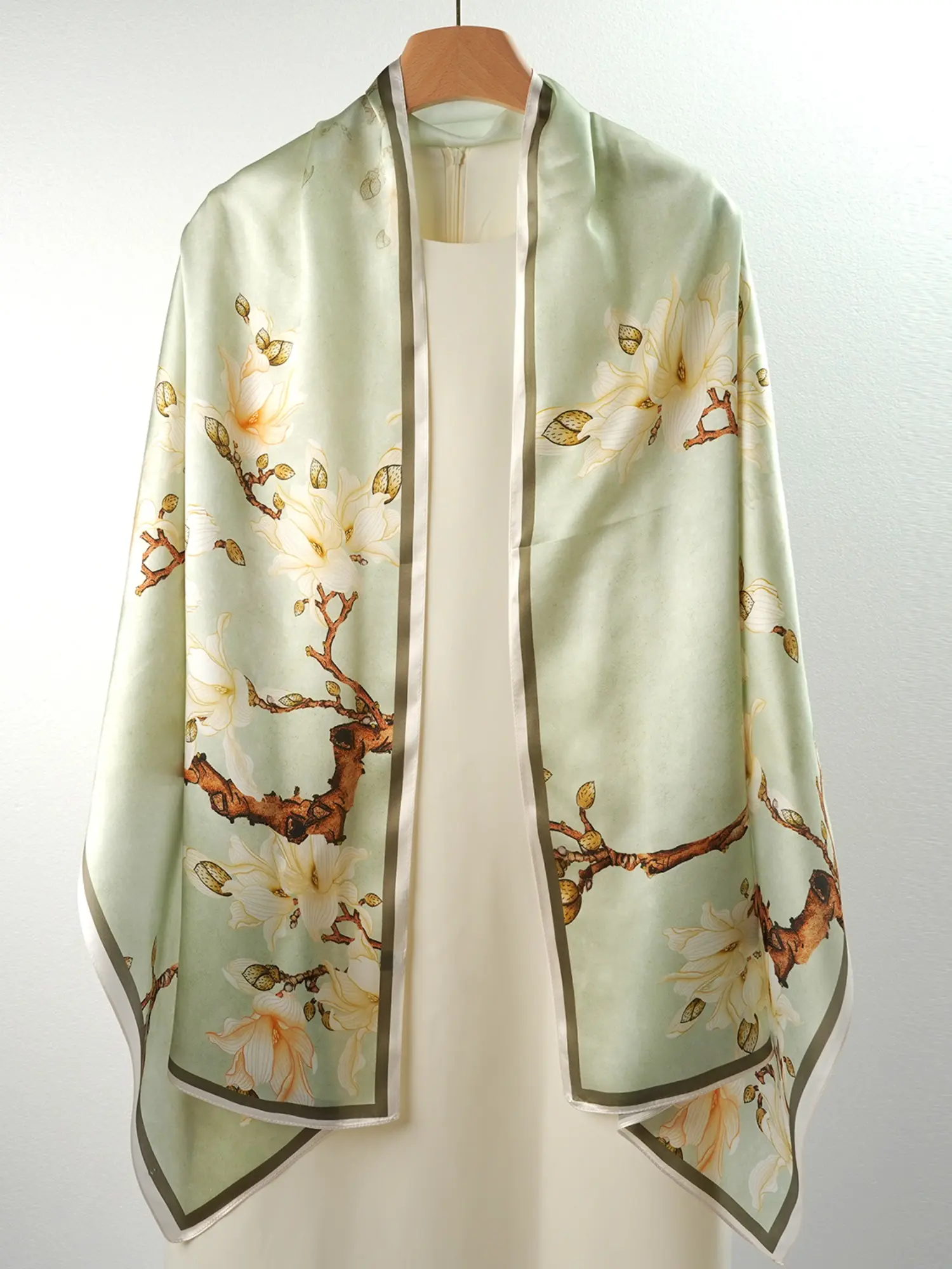 100% Silk Scarf for Women, 67.7x20.87 Inches, Gold Orchid Design, Vintage Style, Lightweight, Perfect for Parties and Gifts