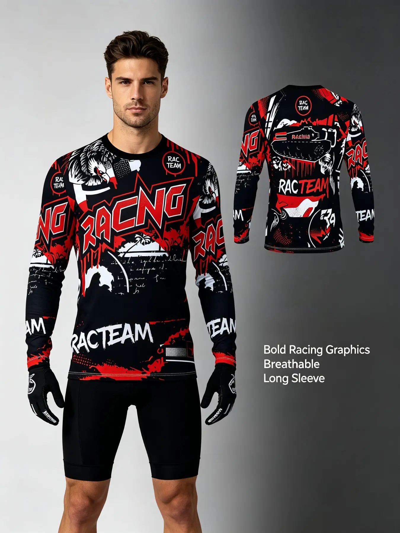 Men's Racng Eagle Graffiti Long Sleeve T-Shirt, Cycling Style Racteam Logo Quick-Dry Top, Bold Athletic Tee, Casual Loose-Fit All-Season Wear, Athletic Clothes