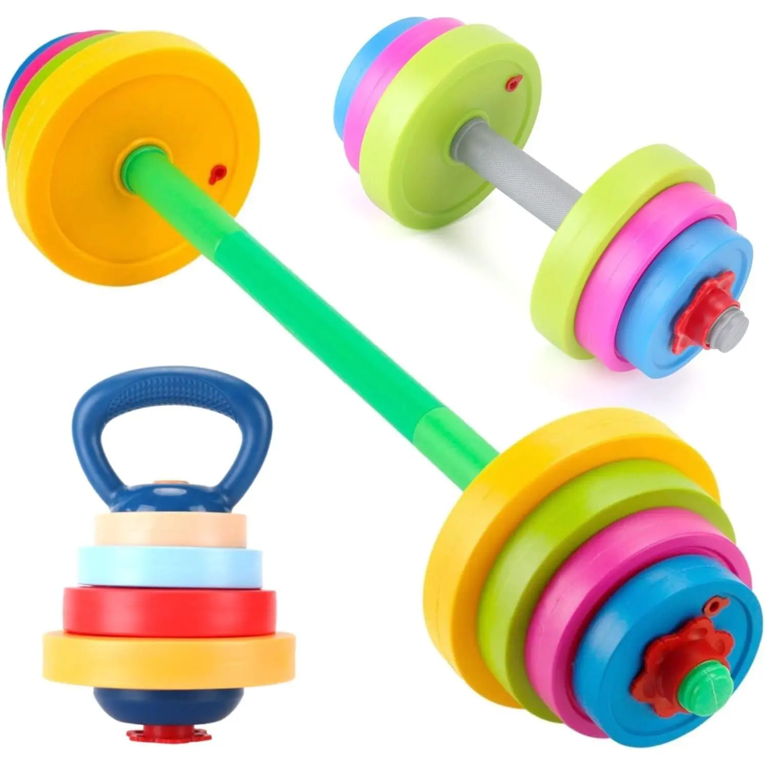 Kids Exercise Weight Set - 3-in-1 Adjustable Workout Toy Equipment for Children Pretend Play Exercise - Toddler Beginner Gym, Fitness, Weightlifting Powerlifting (Dumbbell, Barbell, Kettlebell)