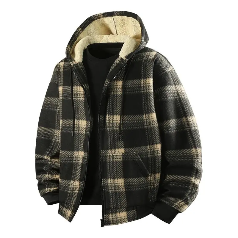 Men's Winter Warm Hooded Jacket, Cashmere Lined, Zipper Closure, Traditional Fit, Polyester, Machine Wash, Cold Weather, Casual, Medium Menswear Sweatshirts Black And White Grid leather jacket jackets