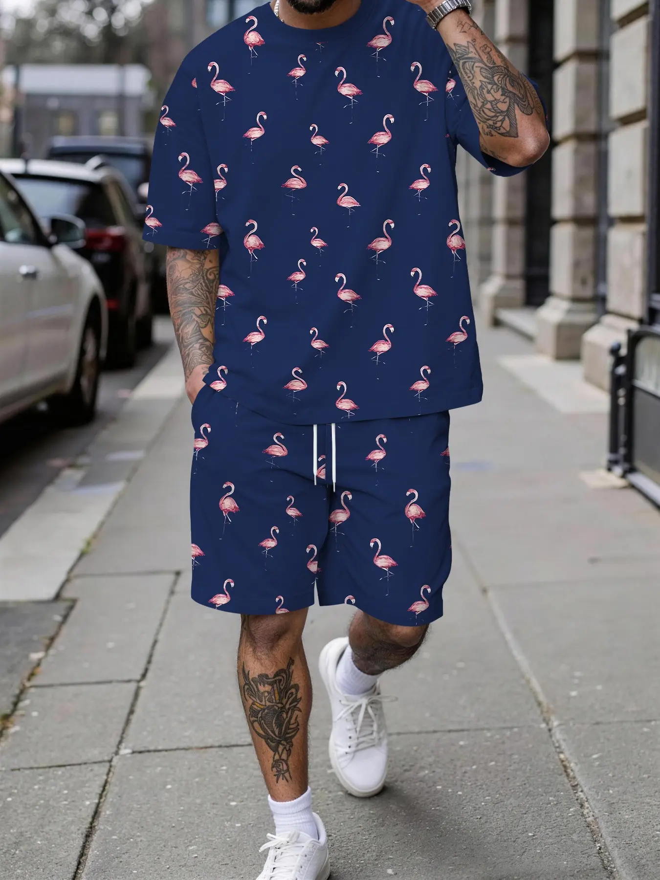 Men's Deep Blue Flamingo Print 3D Digital Print Two-Piece Set, Casual Summer with Drawstring Polyester, Round Neck Short Sleeve T-Shirt and Shorts