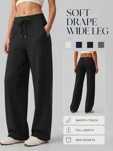 Women’s Solid Color Workout Pants High Waist Buttery Soft Comfortable Breathable Adjustable Drawstring with Pocket Design Four Way Stretch Loose Wide Leg Yoga Pants for Fitness Gym Pilates Outdoor Running Sports Lounge Daily Casual Versatile Long Pants