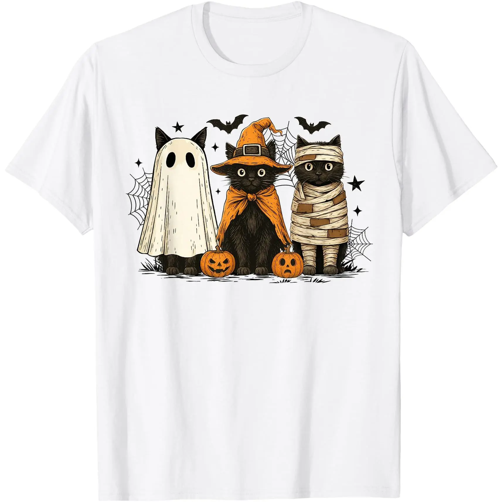 Retro Black Cat Witch Scary Halloween Pumpkin Women Men  T-Shirt