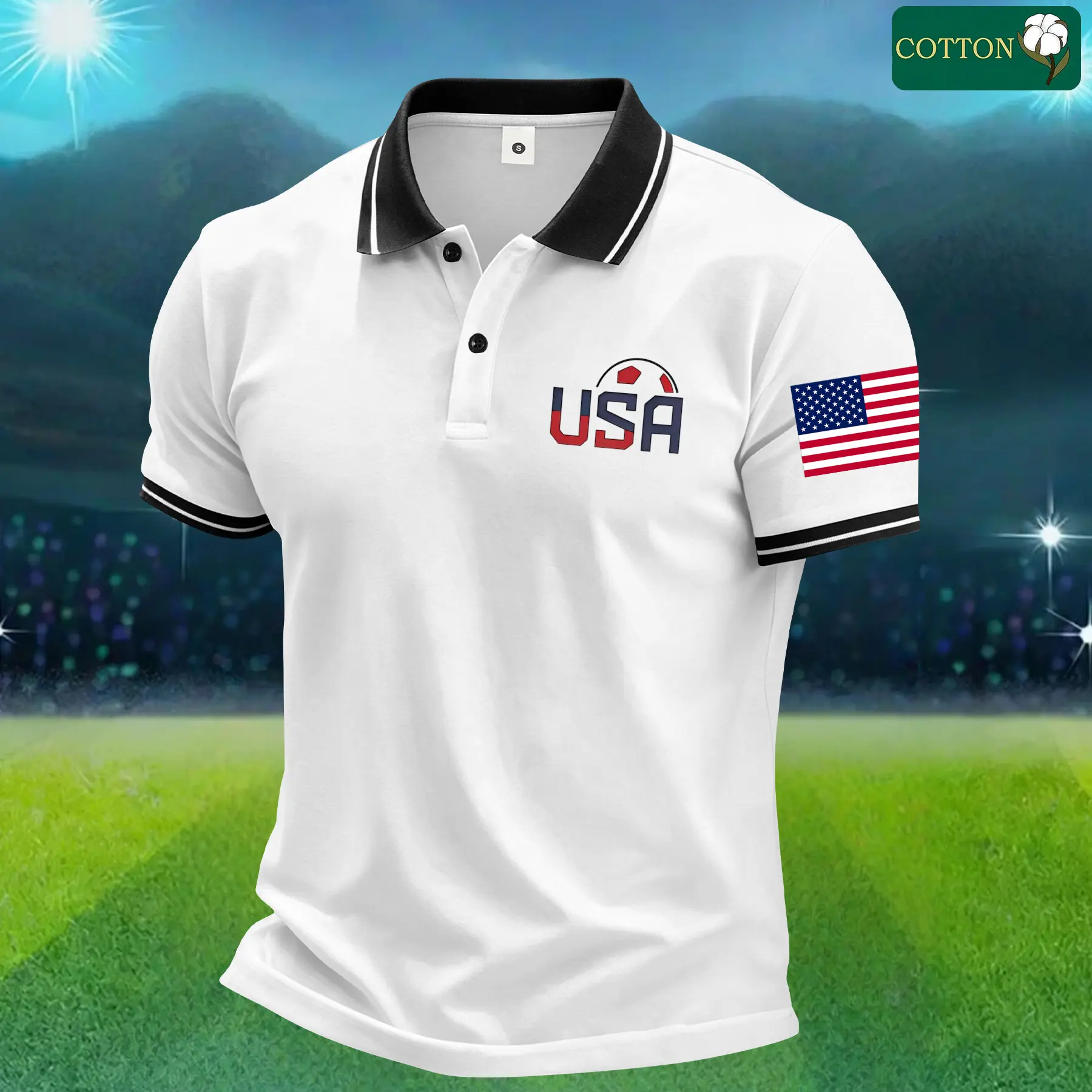 Men's Casual Cotton Polo Shirt, Sporty Chic Stars and Stripes Soccer Print, Short Sleeve Top with Contrast Trim, Mens Clothing