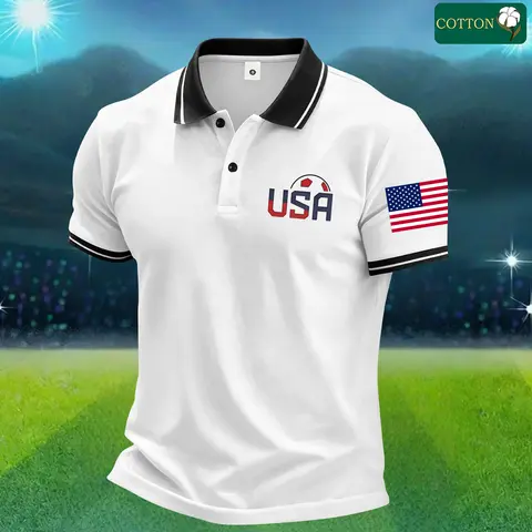 Men's Casual Cotton USA Graphic Polo Shirt - Short Sleeve, Fitted Cut, Round Neck, Button-Front, H Type Silhouette, Sporty Chic Stars and Stripes Soccer Print, Contrast Trim, Back to School Outfits, Usa Graphic Polo Shirts