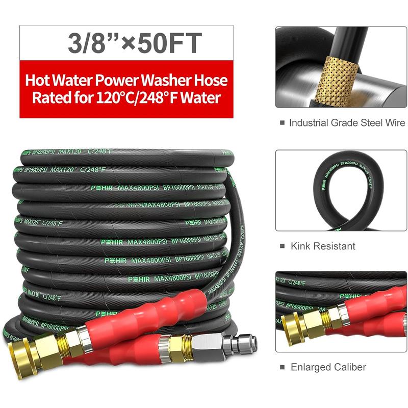 3/8"  Washer Hose 50 FT for Cold and Hot Water Max 248?F with Quick Connect, 4800psi Kink Resistant Industry Grade Steel Wire Braided Synthetic Rubber Jacket with 2 M22 14mm Adapter Set