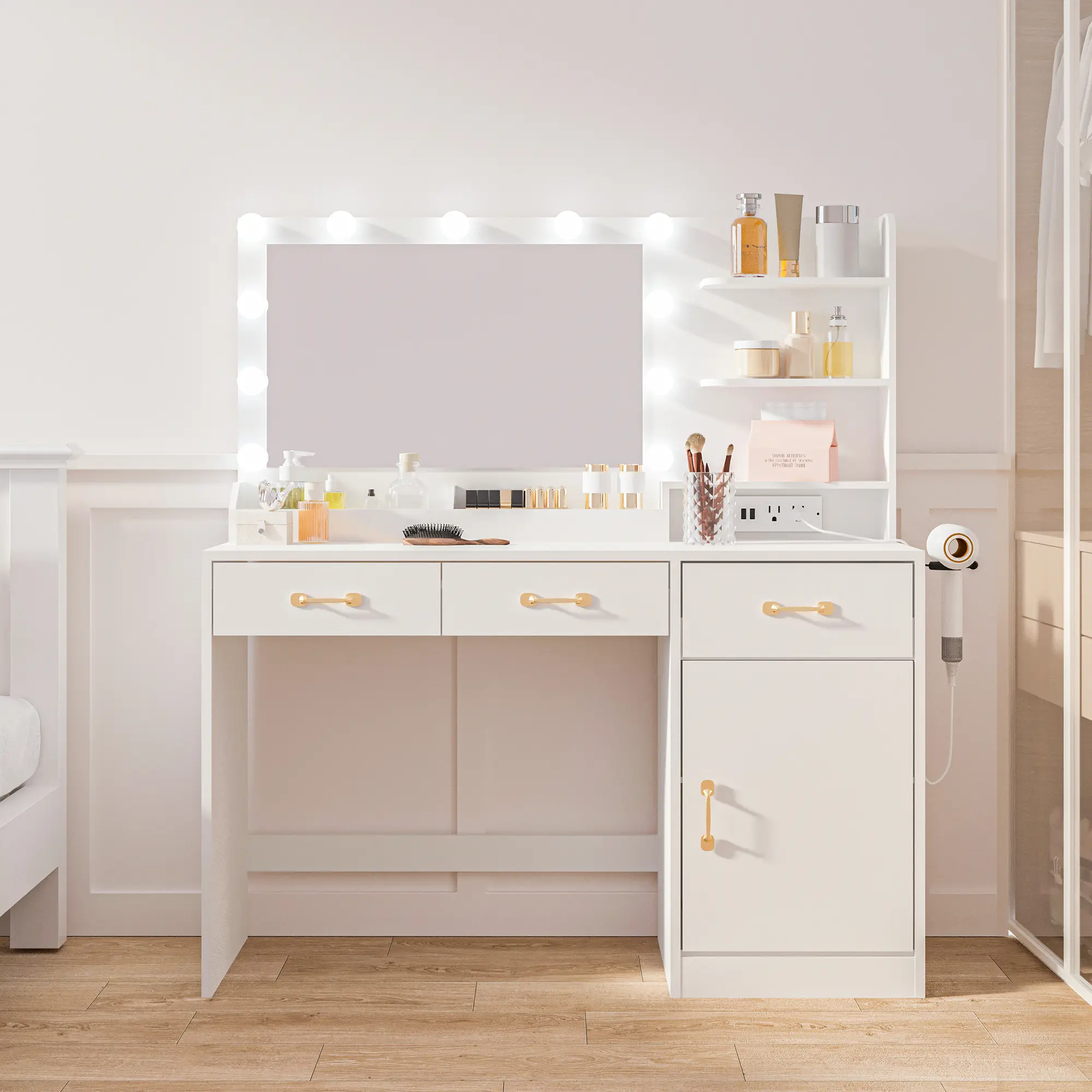 Wooden Lighted Makeup Vanity Desk with Charging Station, 3 Drawers, Cabinet, Open Shelves, Upholstered Storage Stool - Bedroom Indoor Furniture