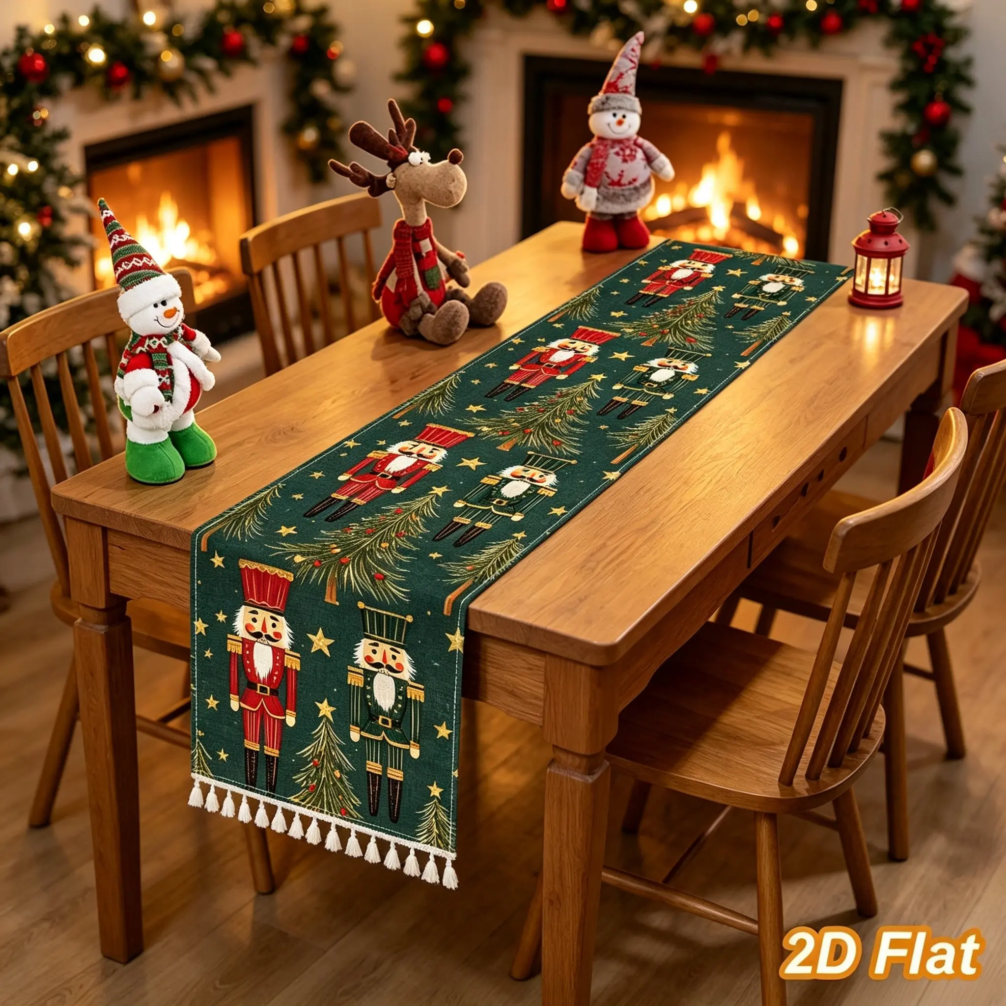 1Pc Green Nutcracker Linen Table Runner 33×183cm – Cartoon Christmas Print, Festive Dining Table Decoration for Holiday Parties & New Year, 2026 Xmas Gift, Christmas Home Decorations