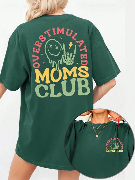 Women's Overstimulated Moms Club Round Neck Graphic Tee, Vintage Trendy Casual Short Sleeve T-shirt for Daily Wear, Ladies Summer Outfit, Top
