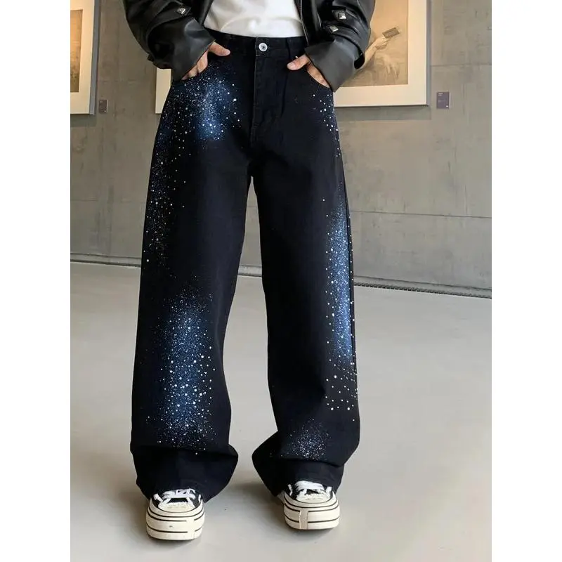 Baggy Retro Men's Jeans - American Decorated Men's Jeans with Rhinestone Galaxy Stars, Heavyweight Gradient Denim, Casual Loose-Fit Wide-Leg Style, Modern Oversized Men's Jeans