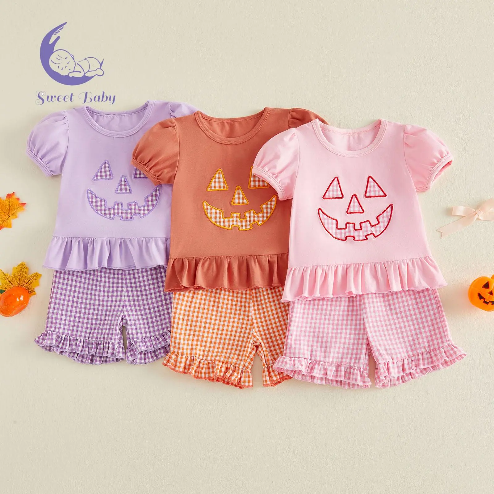 Toddler Baby Girls' 2-Piece Halloween Outfit Set - Cotton Blend Short Sleeve Round Neck Top with Pumpkin Applique, Plaid Shorts, Baby Clothing Gift Set