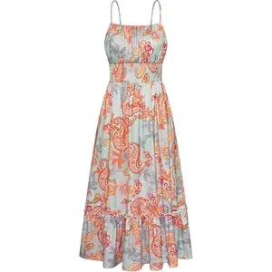 Summer Dresses for Women 2026 Vacation,Smocked Floral Maxi Dress,Boho Beach Sundress with Pocket Fashion Clothing