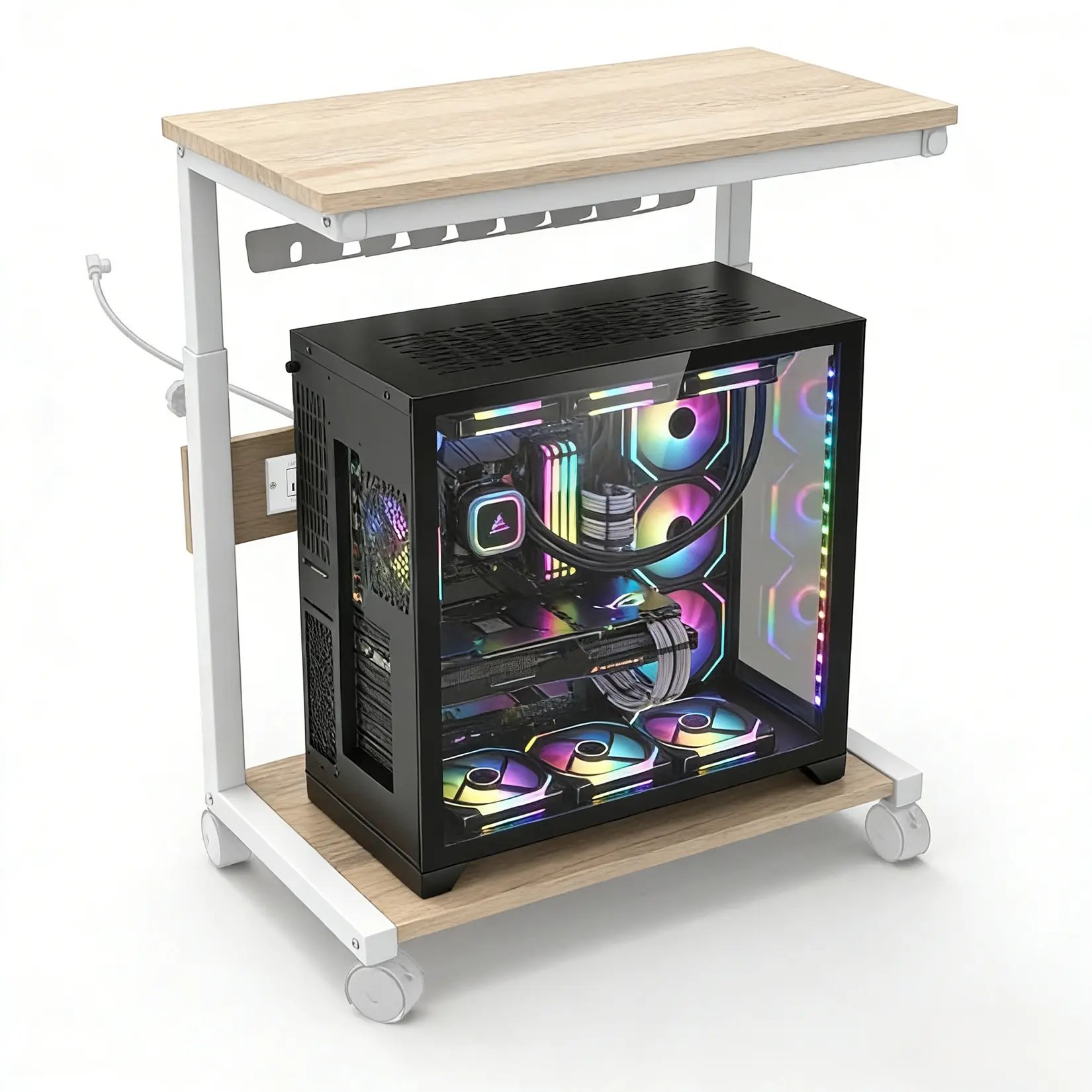 Electric Adjustable CPU Stand with Power Strip 2 Tier Computer Tower Stand under Desk Mobile PC Holder Cart with Wheels & USB Charging Ports Heavy Duty Rolling Server Case Holder Gaming Setup Storage Organizer Black
