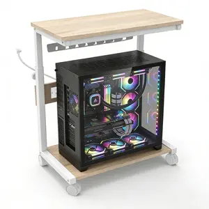 Electric Adjustable CPU Stand with Power Strip 2 Tier Computer Tower Stand under Desk Mobile PC Holder Cart with Wheels & USB Charging Ports Heavy Duty Rolling Server Case Holder Gaming Setup Storage Organizer Black