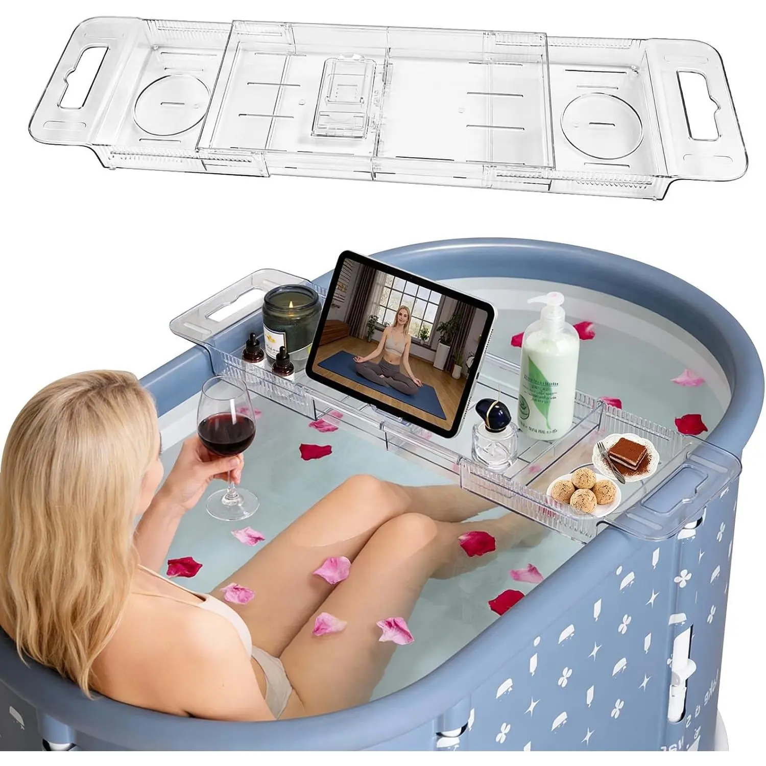 Clear Acrylic Adjustable Expandable Foldable Bathtub Caddy Tray, Fits 22-31.4in Tubs, Shower Bath Organizer Rack with Multi Compartments & Multi-Position Tablet Holder