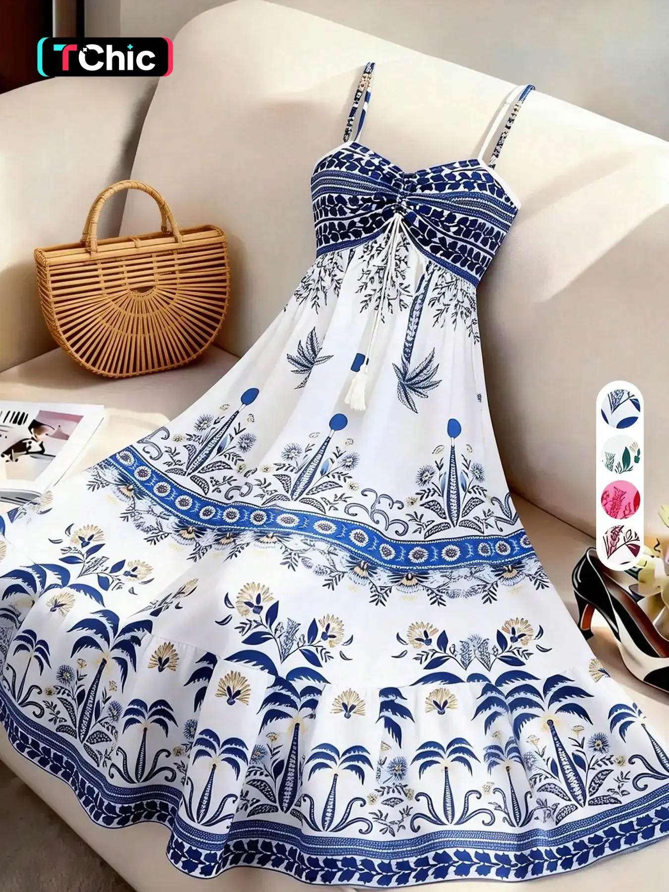 Boho Print Halter Dress, Front Knot Design, Thin Straps, Blue Floral, Summer Beach, Casual Elegant Style, Ff2604
