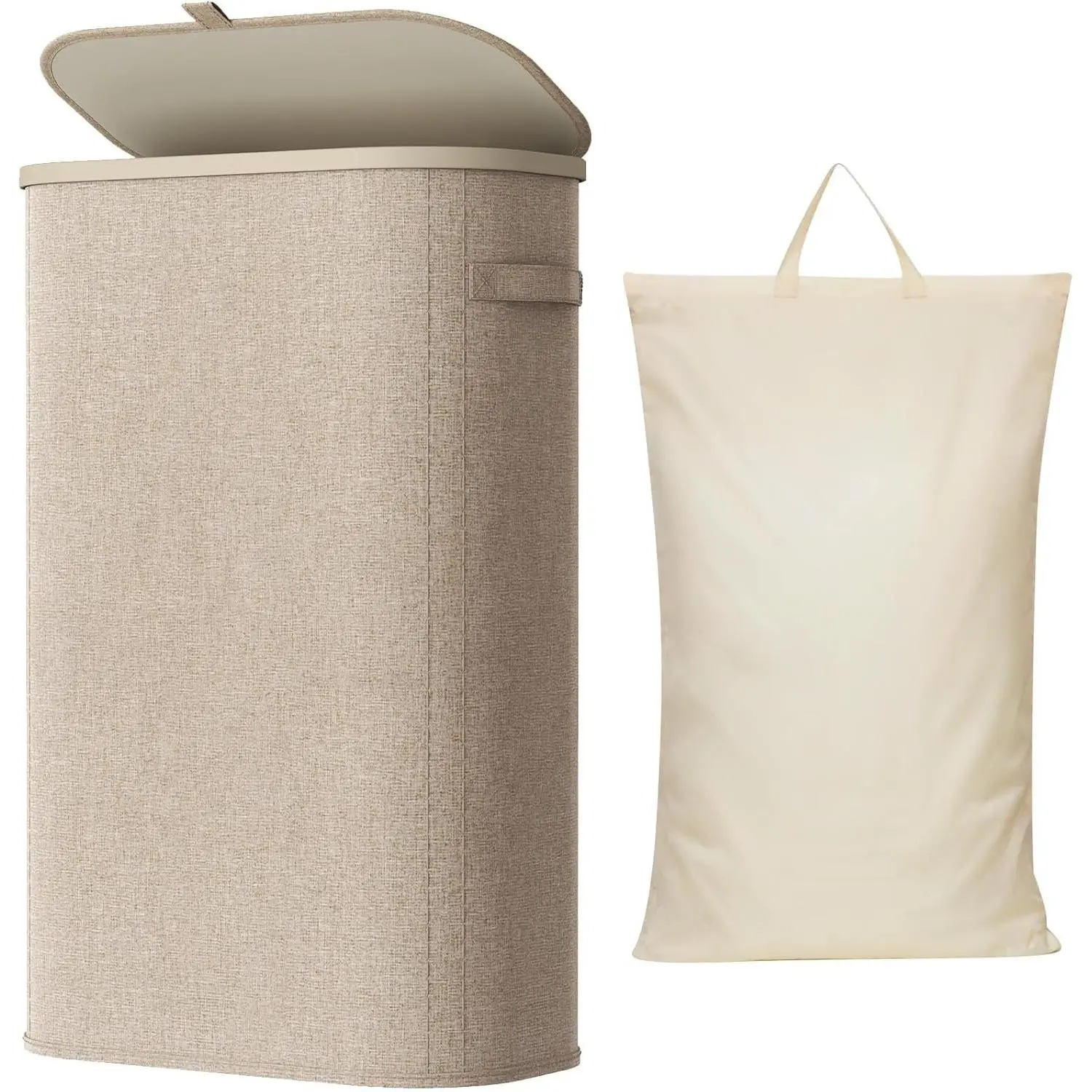 Slim Laundry Basket with Lid, Narrow Laundry Hamper with Plastic Handles and Removable Bag, Tall Foldable Dirty Clothes Hampers for Laundry Room, Bedroom, Bathroom, Dorm, 65L BeigeGift.