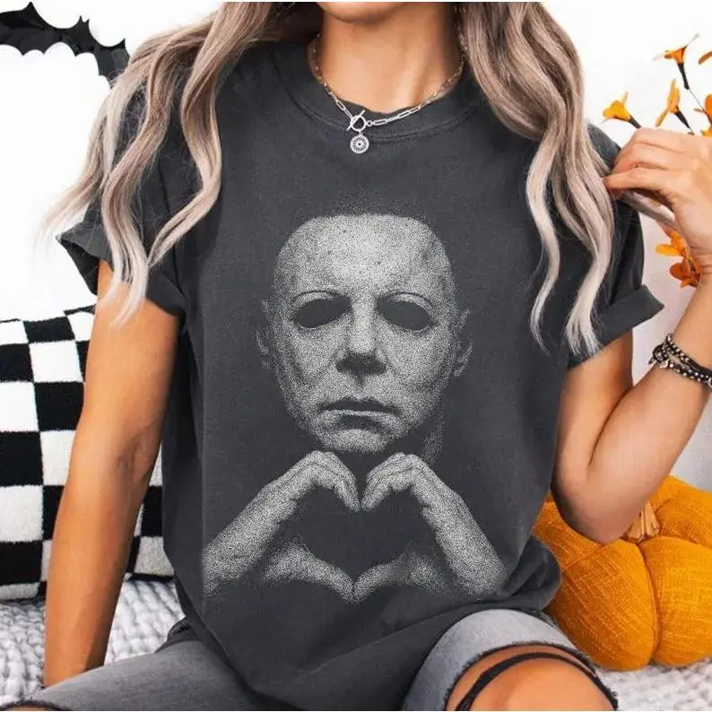 Retro Slasher Heart Graphic T-Shirt, Unisex Casual Cotton Tee for Halloween, Short Sleeve Round Neck Horror Movie Top, Tops, Shortsleeve, Clothes
