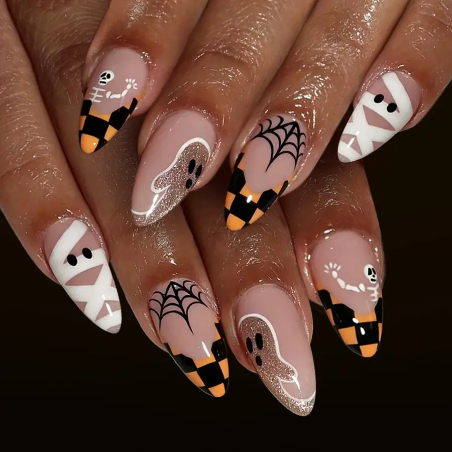 Medium Glossy Teardrop Nails, Decorative Nails, Checkered French Spider Web Ghost Glitter Skull Halloween Press-On Nails, 24pcs DIY False Nails for Women and Girls