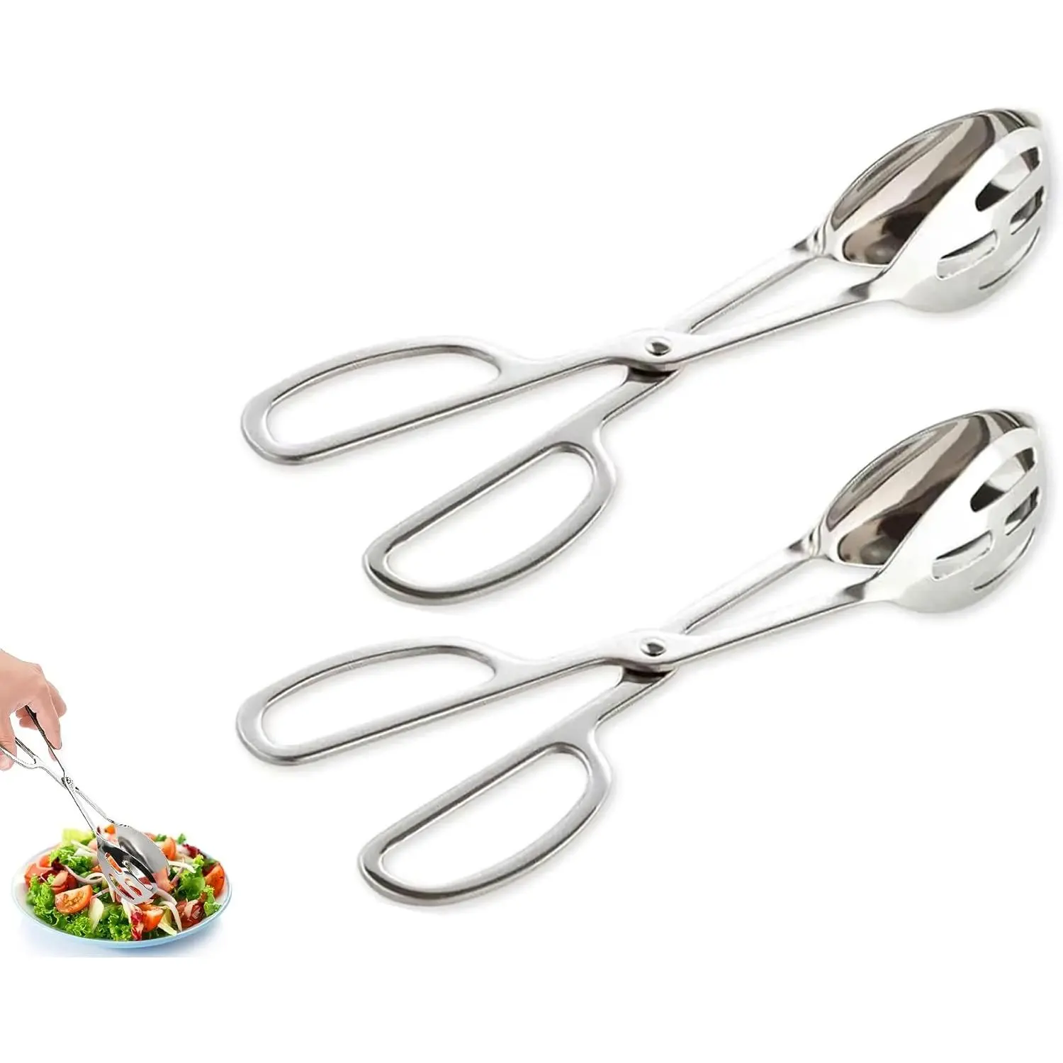 Salad Tongs Stainless Steel, Scissor Salad Tongs for Serving, Easy Grip Scissor-Style Salad Scissors with Slotted Spoon Head, Dishwasher Safe Kitchen & Buffet Tongs (2pack)