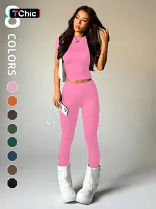 Women's Short Sleeve Round Neck Moisture Wicking Yoga Pants Set, Comfortable Fashion Daily Sports Wear, Elastic Sportswear, Solid Sports Sets, Exercise Clothing Set