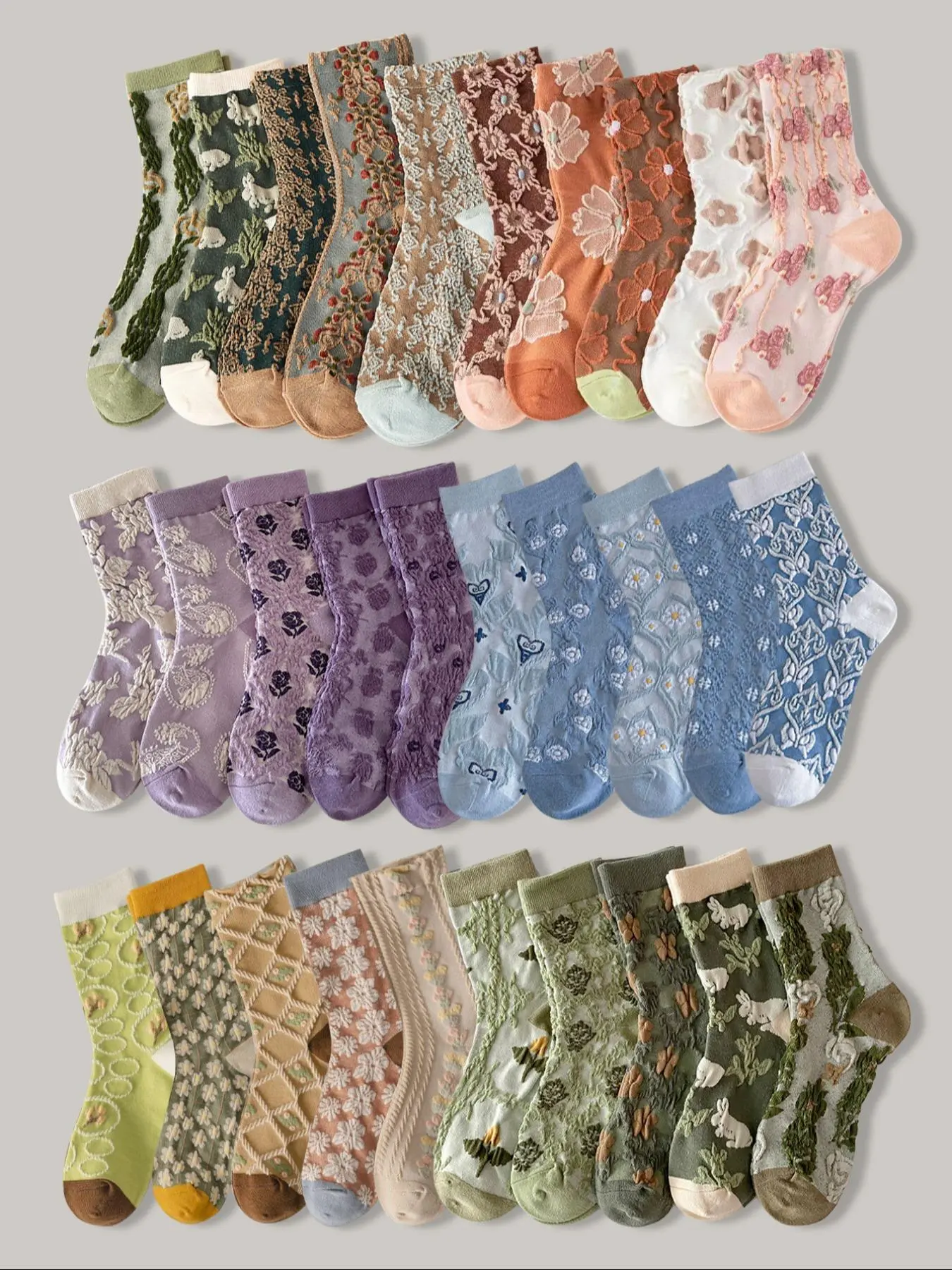 Women's Vintage Embossed Ditsy Floral Knee High Socks, Comfortable Breathable Mid-Calf Socks, Casual Fitted Design, All Seasons, Breathable Knit Socks, Casual Comfy Socks