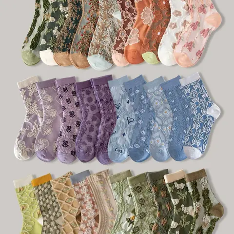 Women's Vintage Embossed Ditsy Floral Knee High Socks, Comfortable Breathable Mid-Calf Socks, Casual Fitted Design, All Seasons, Breathable Knit Socks, Casual Comfy Socks