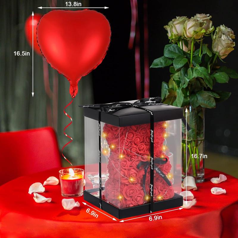 Rose Bear Christmas Flower Gifts for Her, Rose Teddy Bear with Lights, Cute Teddy Flower Bear, Birthday Gifts for Girl, Cute Romantic Gifts for Wife Girlfriend with Transparent  Box and Love Card
