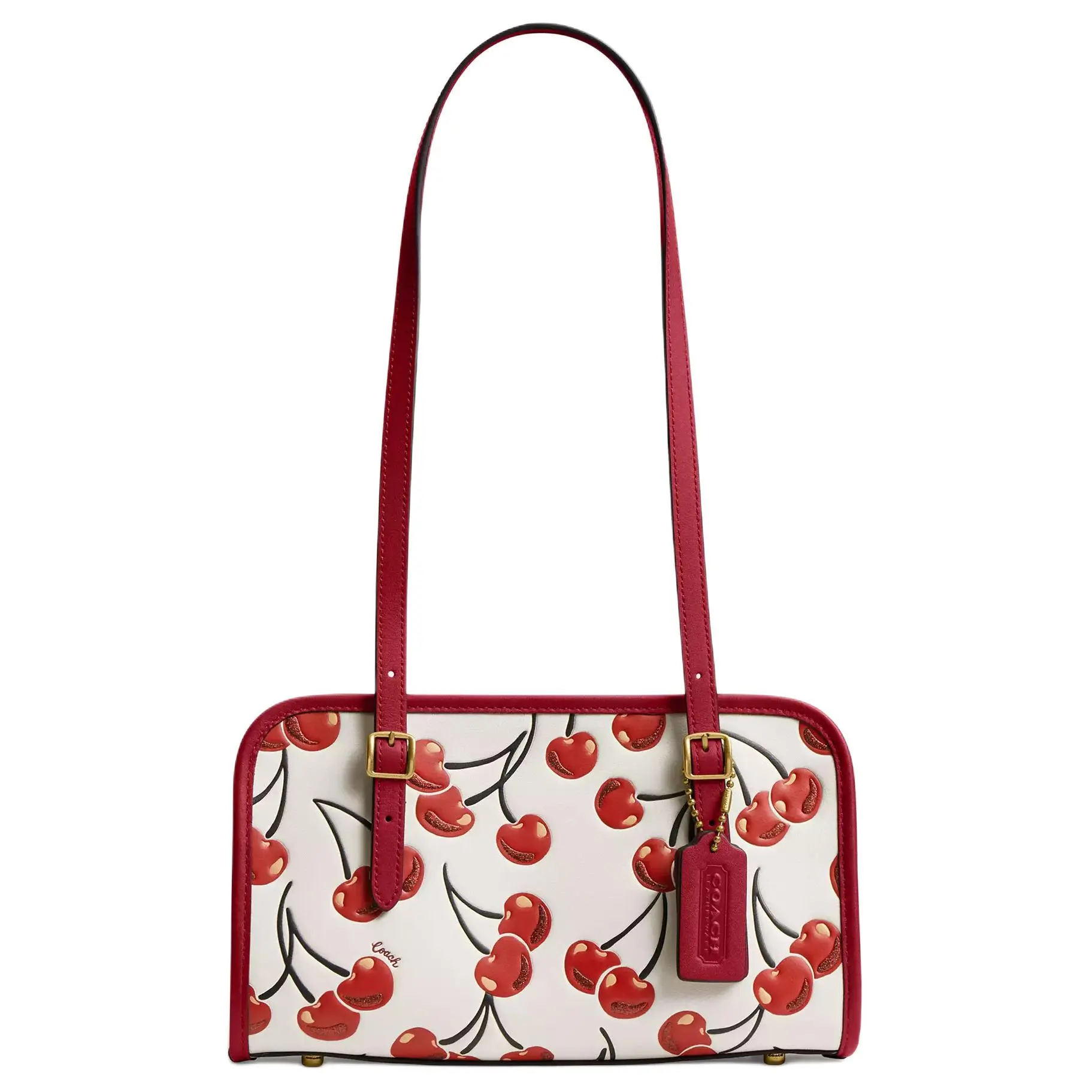 COACH Swing Zip 25 Cherry Print Adjustable Strap Zip Closure Glove-Tanned Leather Crossbody Bag for Women, Red and White
