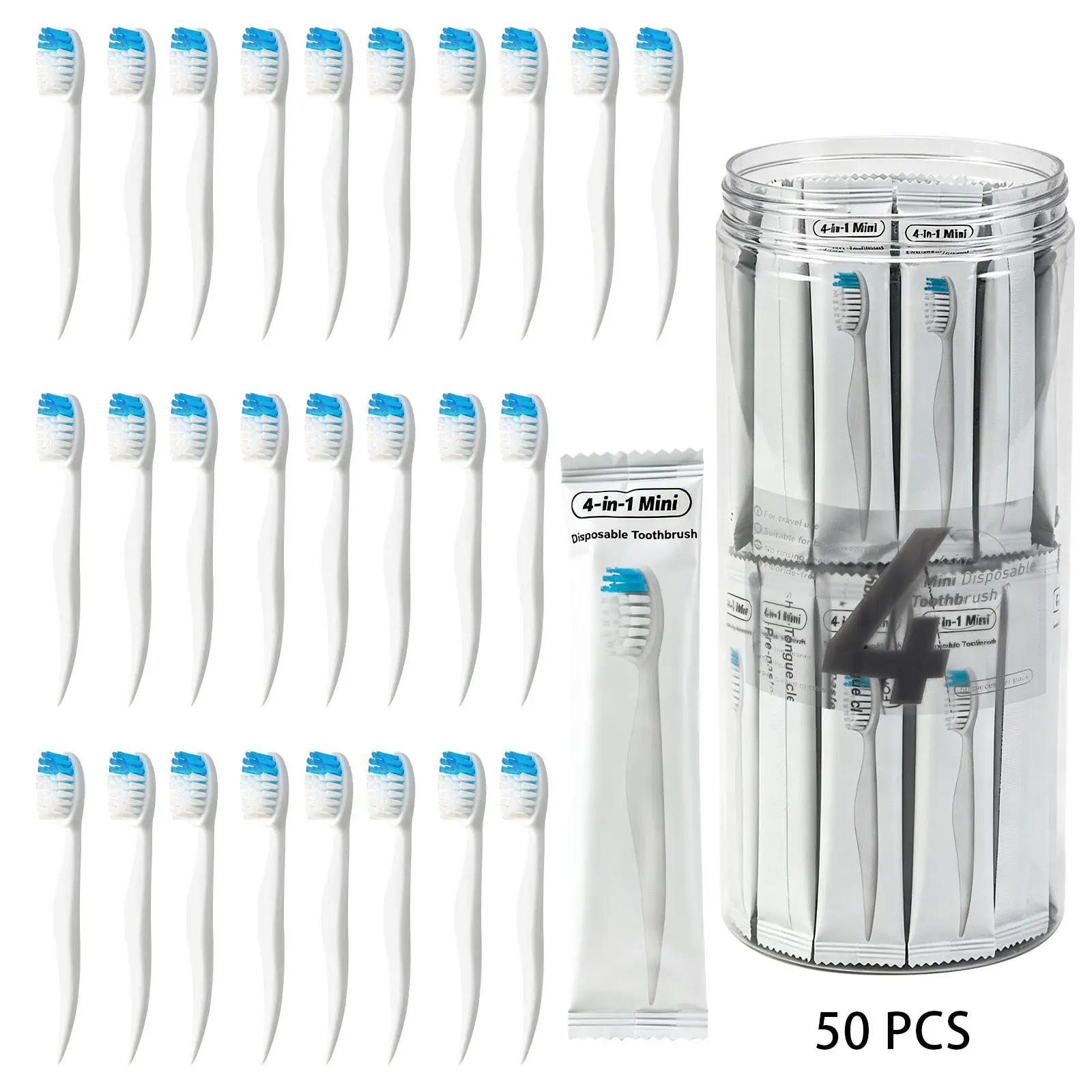 50 Ct Disposable Pre‑Pasted Mini Travel Toothbrush With Toothpick, Fluoride‑Free Mint Flavor, Individually Wrapped For Hotel Camping On‑the‑Go, Tooth Brush Pack