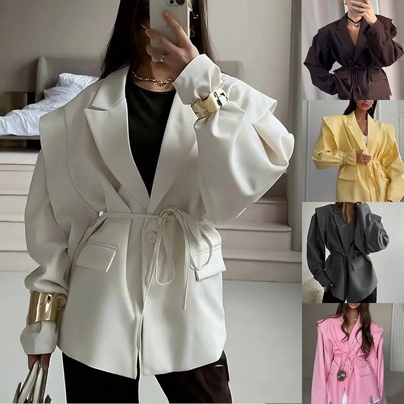 Oversized Shoulder Pad Blazer Women Self Tie Waist Belted Lapel Collar Loose Suit Jacket Streetwear Wrap Coat